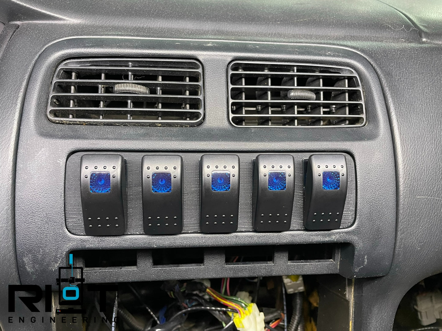 95-98 240SX Switch Panel - Blue Toggle Switches - S14 AC Delete w/ Momentary Switch